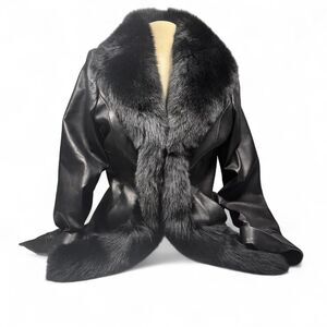 Preston & York 90’s Lambskin Blue Fox Leather Jacket Black Size S/M